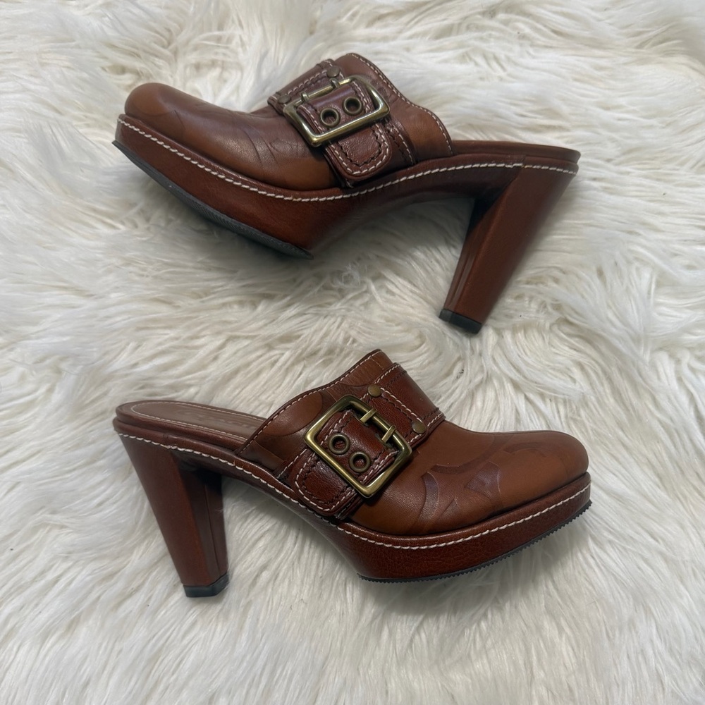 Coach Brown Leather Buckled High Heel Clog Mules